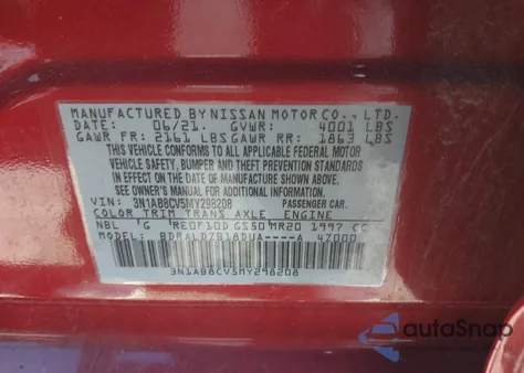 2021 Nissan Sentra Sv Xtronic Cvt from USA, damaged, VIN 3N1AB8CV5MY298208
